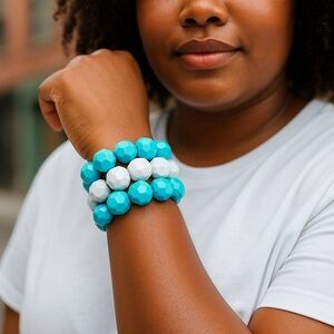 Turquoise and White Beaded Bracelet Set
